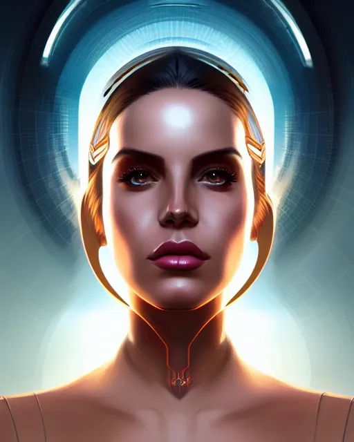 Image similar to symmetry portrait of lana del rey cyborg, glam, deco, glowing intricate, elegant, highly detailed, digital painting, artstation, concept art, smooth, sharp focus, illustration, art by artgerm and greg rutkowski and fra angelico and unreal engine 5