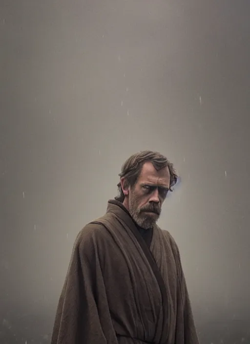 Image similar to hugh laurie as obi vam kenobi, long sleeve, confident, fog, rain, volumetric lighting, sharp focus, ultra detailed, cgsociety by leesha hannigan, ross tran, thierry doizon, kai carpenter, ignacio fernandez rios, noir art house,