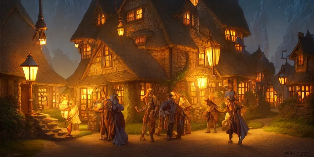 Image similar to a fantasy village landscape, twilight, lamps, lit windows, digital illustration by michael whelan and leyendecker and artgerm, intricate details, surreal, photorealistic, award winning
