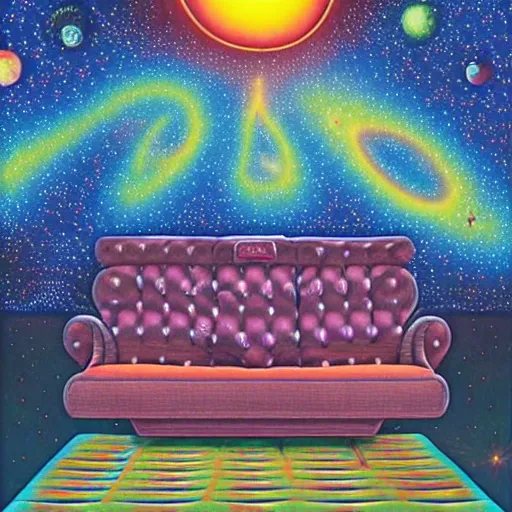 Image similar to psychedelic trippy couch in space, planets, milky way, sofa, cartoon by rob gonsalves