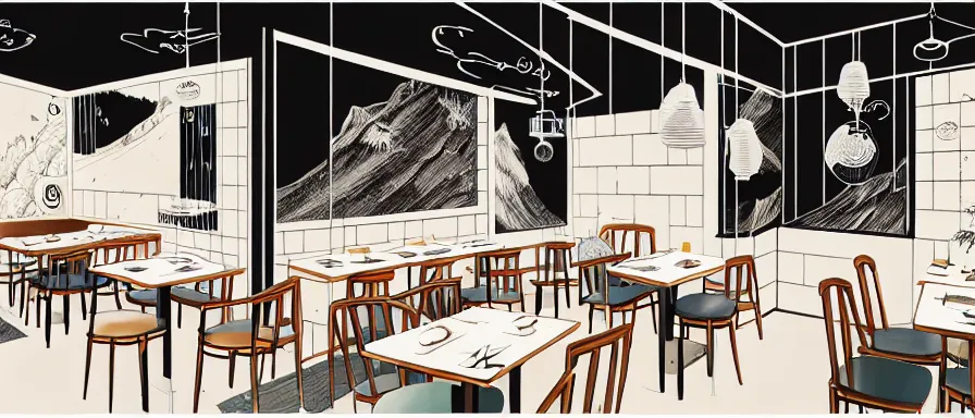 Image similar to a beautiful interior view illustration of a small roasted string hotpot restaurant in yan'an city, corner, restaurant wall paper is tower amd mountain, rectangle white porcelain table, people are eating, black chair, animation illustrative style, from china, simple style structure decoration design, victo ngai, james jean, 4 k hd