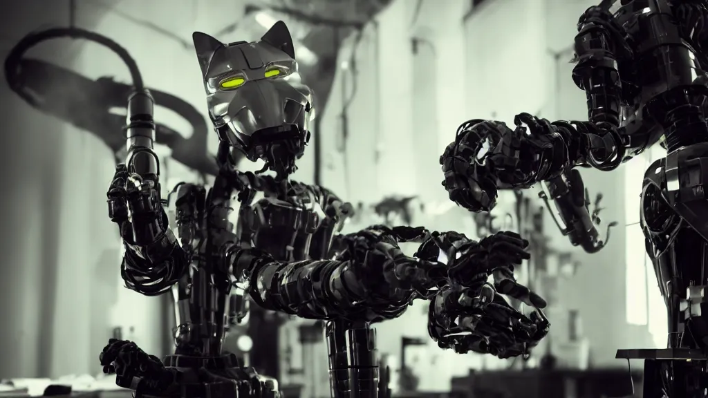 Prompt: cat putting the finishing touches on a small weaponized robot, cinematic moody lighting, smoky laboratory, sharp focus, imax