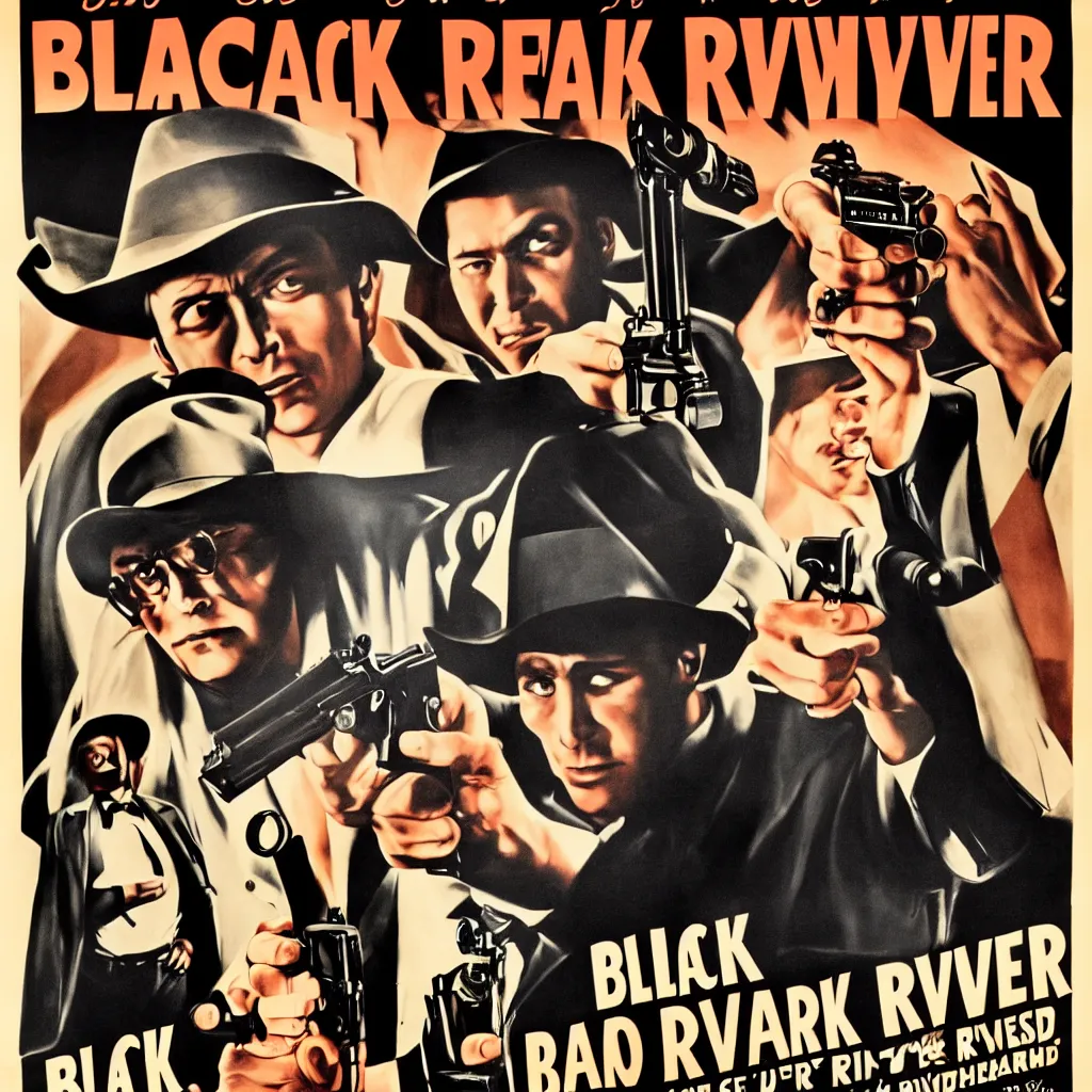 Image similar to black revolver in a hand, retro movie poster