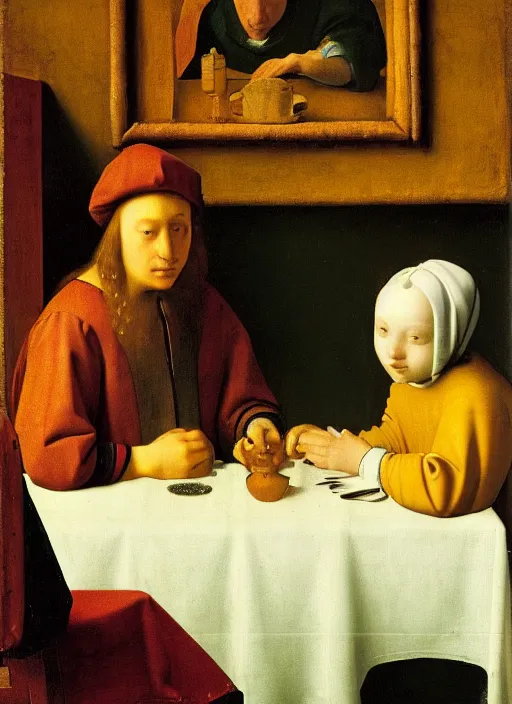 Image similar to Young man sitting at the table with young pretty blonde girl at the crowded inn. Medieval painting by Jan van Eyck, Johannes Vermeer, Florence