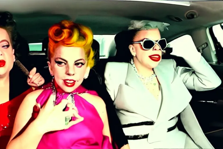 Image similar to lady gaga and judy garland doing carpool karaoke, lady gaga and judy garland, carpool karaoke, lady gaga, judy garland, carpool karaoke, youtube video screenshot, the late late show with james corden