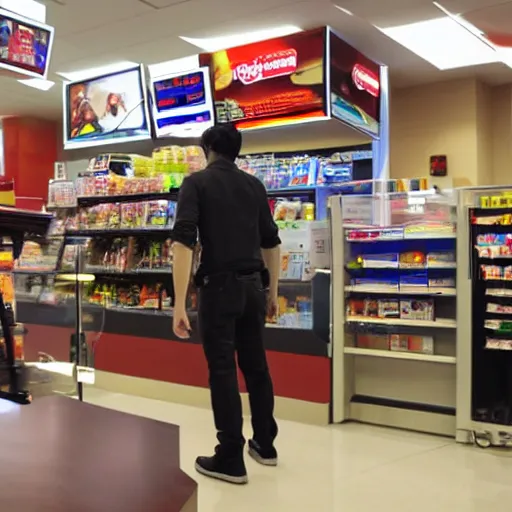 Image similar to Iron Man working as a 7/11 cashier, counter, laser scanner, macro, wide wide shot, very detailed, beautiful lighting