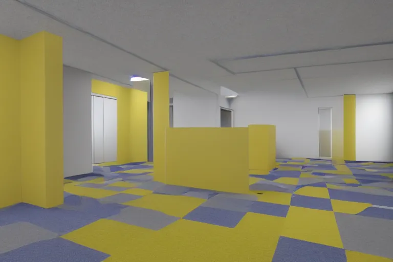 Image similar to 3 d render of jerma 9 8 5, jerma in endless halls of empty office space with worn light mono - yellow 7 0 s wallpaper, old moist carpet, and inconsistently - placed fluorescent lighting | liminal space | non - euclidean space | high octane | blender | 3 d render