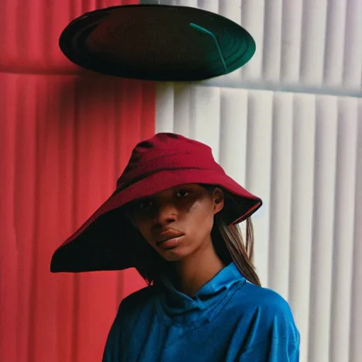 Prompt: realistic photoshooting for a new nike acg lookbook, color film photography, portrait of a beautiful woman, model is wearing a bucket hat, photo in style of tyler mitchell, 3 5 mm,