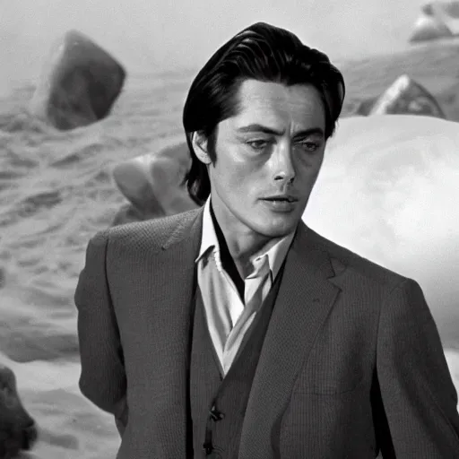 Prompt: film still of alain delon in shark tank