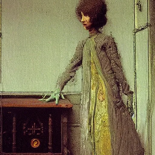 Image similar to A body art. A rip in spacetime. Did this device in her hand open a portal to another dimension or reality?! linen, lemon chiffon by John Atkinson Grimshaw chaotic, turbulent