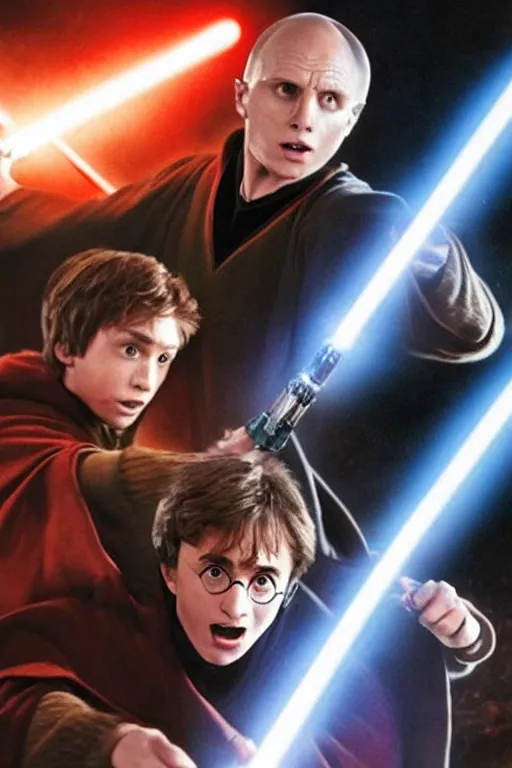 Image similar to Harry Potter fighting Voldermort with a lightsaber, Still from Star Wars,