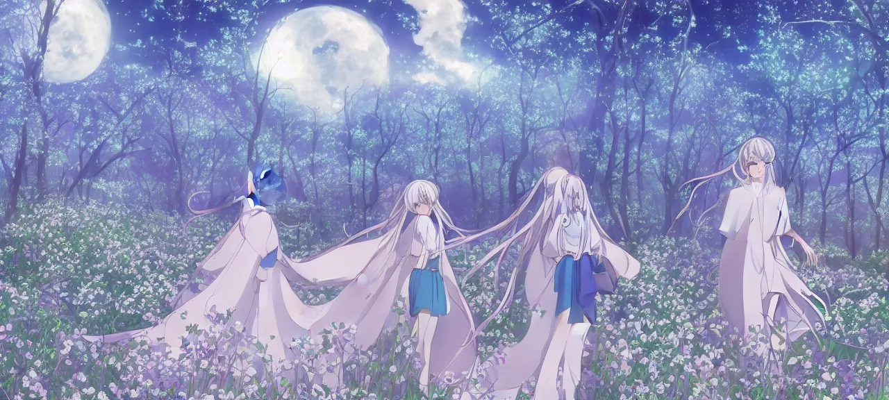 Image similar to illyasviel walking through enchanted ghibli clover | Big Moon at Blue Night | Trees with white flowers | bioluminescent blue FLOWERS | strong blue rimlit | visual-key | anime illustration | highly detailed High resolution | Light Novel | Visual Novel | In the style of Miyama-Zero, Yuuki Hagure