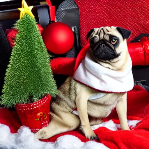 Prompt: a pug in a christmas costume flying a plane into an erupting volcano