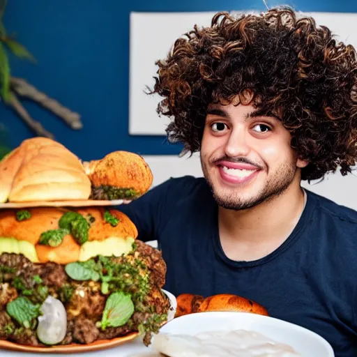 Prompt: curly haired mixed Hispanic 20 year old with a huge underbite looks in awe at a gigantic feast in front of him