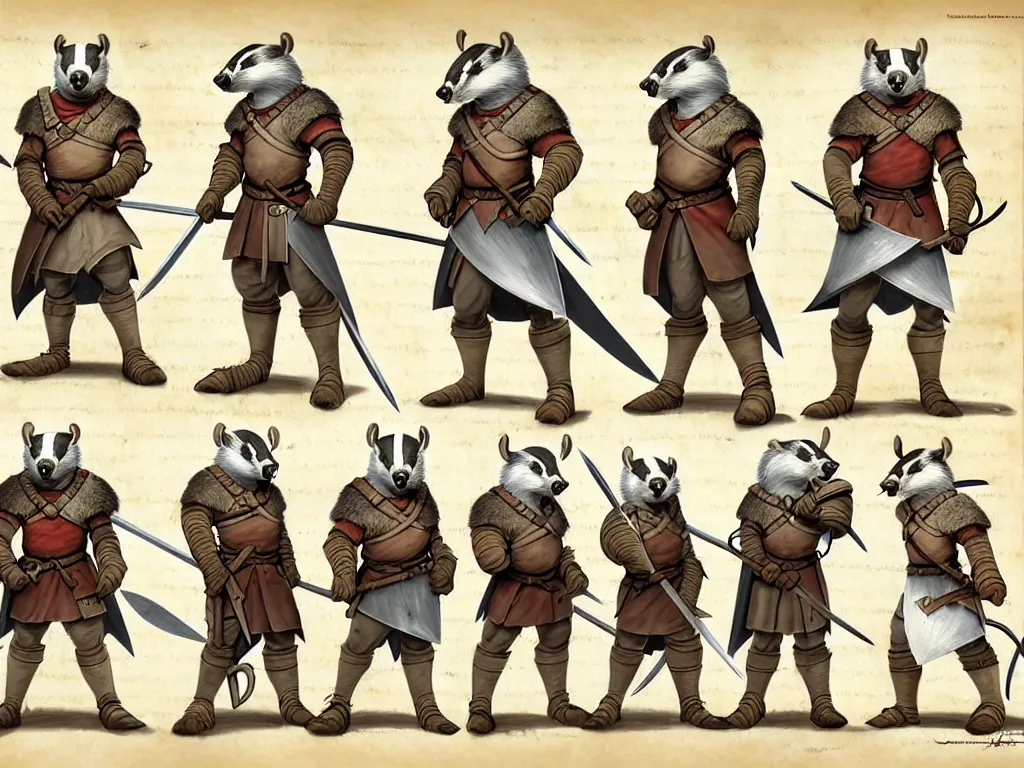 Prompt: character design sheet for a group of heroic badger knights on a parchment background, redwall, greg rutowski and jean baptiste monge, very very detailed, epic fantasy concept art