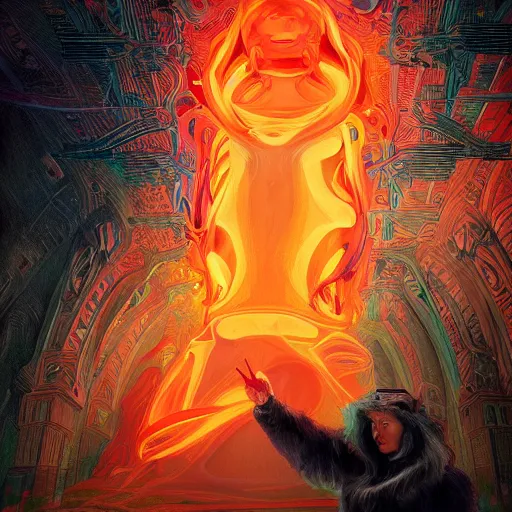 Prompt: olympian god starring into the camera, fixed eyes, flowing black coat with glowing neon orange trim, inside a museum, colorful, surreal, dramatic lighting, face, detailed, intricate, elegant, highly detailed, digital painting, artstation, chalk, concept art, smooth, sharp focus, illustration, art by sam spratt, dan mumford, artem demura and alphonse mucha