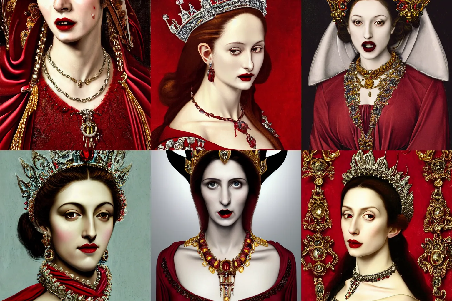 Image similar to A extremely highly detailed majestic hi-res beautiful immaculate head and shoulders painting of a beautiful bloody vampire woman with fangs wearing a long royal red silk dress, the crown jewels is on her head and around her neck is a ornate golden necklace decorated with diamonds and rupees by Michelangelo Merisi da Caravaggio, high detail, hyperrealistic, photorealistic, octante render, cinematic, high textures, royaltly, royal, hyper sharp, 4k insanely detailed and intricate, hypermaximalist, 8k, hyper realistic, super detailed, 4k HDR hyper realistic high,