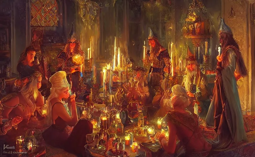 Prompt: The night of the magical ritual of the 5 elven sorcerers. By Konstantin Razumov, highly detailded