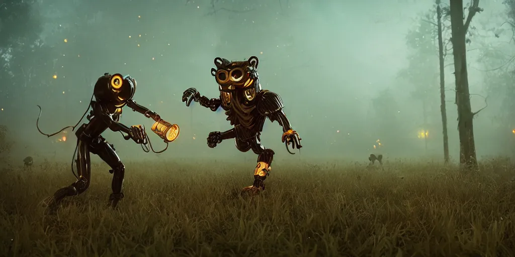 Image similar to woodman wearing a steampunk and neonpunk mechanical fluorescent mystical animal mask in strange misty estuary landscape fight with werewolf, night, realism in style of fornite game, 4 k, octane render, award winning photograph, epic cinematic shot, perfectly defined features, ambient occlusion