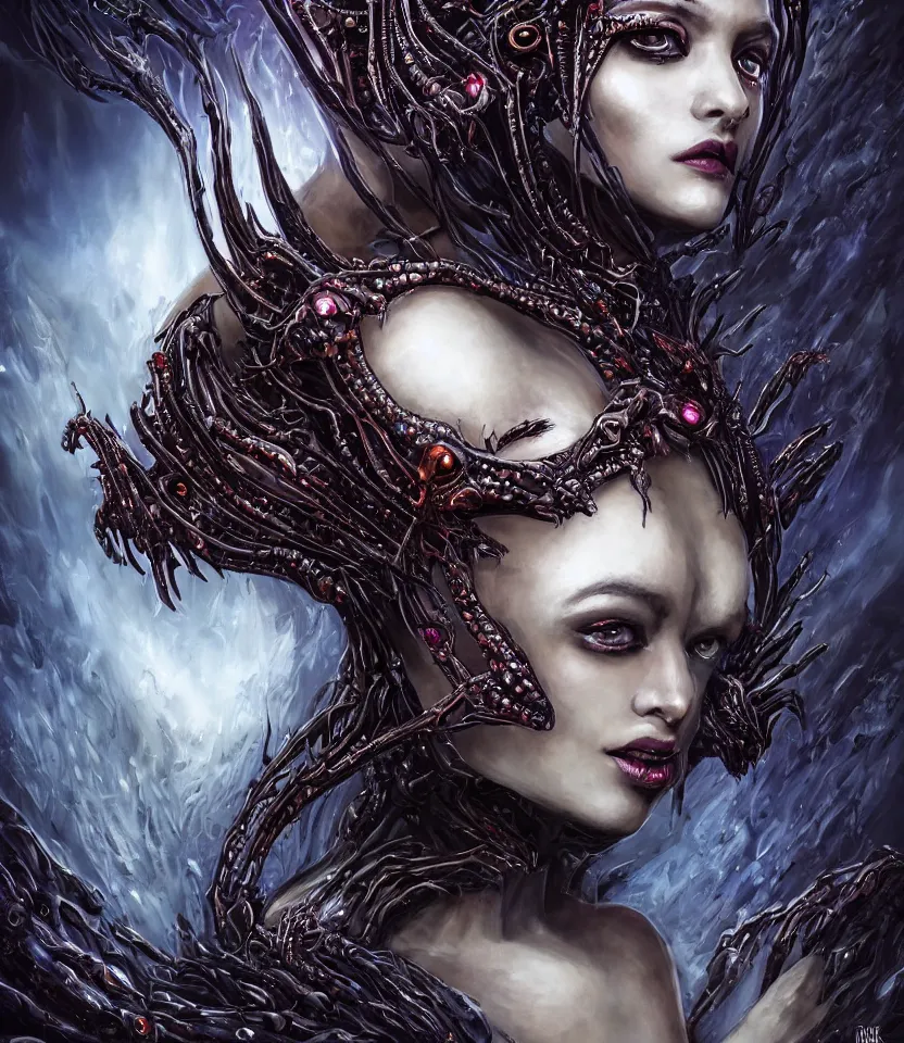 Image similar to close up portrait on the enchanting femenine queen of the zerg, hyper attractive, seductive, very complex, hyper-maximalist, overdetailed, legendary cinematic, darkfantasy, archetype with timeless beauty breathtaking eyes, her spider like legs spread evenly around her framing the image, collossal alien ship in the sky behind her, highly intricate, digital art, very elegant, HDR 8K, biblical art, realism, incomprehensible yet perspicious detail, unbeatable quality, silent hill aesthetic, photorealistic, lifelike, DSLR 8k, unbeatable coherency, Omnious intricate, octane render, created Nixeu & z--ed from deviantart