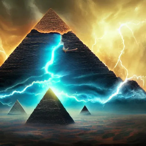 Prompt: In front a evil raccoon ploting the destruction of earth, in background a giant stormy rift in reality opens over a pyramid in the desert, award-winning, trending on artstation, oil on canvas, masterpiece, matte painting