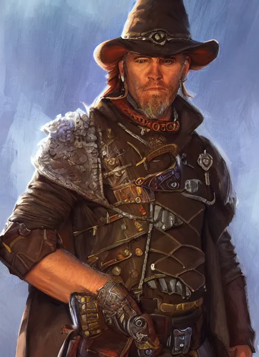 Image similar to gunslinger, dndbeyond, bright, colourful, realistic, dnd character portrait, full body, pathfinder, pinterest, art by ralph horsley, dnd, rpg, lotr game design fanart by concept art, behance hd, artstation, deviantart, hdr render in unreal engine 5