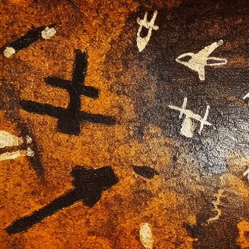 Image similar to cave painting, ultra hd, depiction of crosses and ufos, very detailed