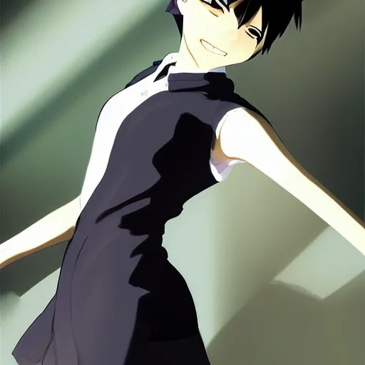 Image similar to girl with short white hair and bare shoulders, wearing black gloves and a white shirt, art by makoto shinkai