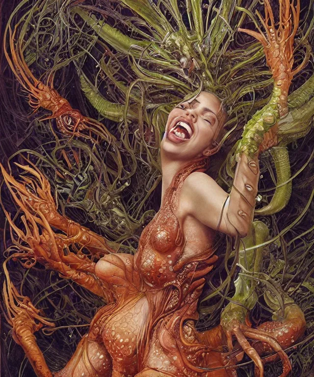 Prompt: a portrait photograph of a fierce scarlett johansson as an alien harpy queen with slimy amphibian skin. she is trying on evil bulbous slimy organic membrane fetish fashion and transforming into a fiery succubus insectoid amphibian. by donato giancola, walton ford, ernst haeckel, brian froud, hr giger. 8 k, cgsociety