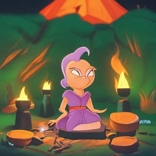 Image similar to full body portrait of Esmerelda (Tiny Toons (1990)) sitting around a campfire telling stories with her friends, in style Goro Fujita, 3D, UE5, ultra high textures, dark vignette, burning embers, nostalgic, muted colors, desaturated, volumetric, slightly drunk, candy rush, autochrome, tranquil, starry night, marshmallows, s'mores, highly detailed, busy, 4K, 8K, HQ