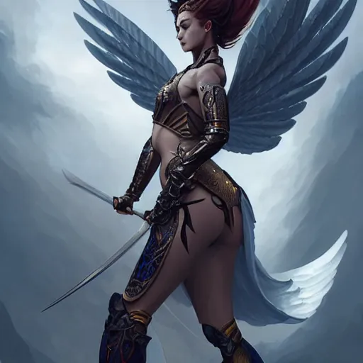 Image similar to 3 / 4 view of a warrior woman with wings, pixie, genshin impact,, intricate, elegant, sharp focus, illustration, highly detailed, concept art, matte, art by wlop and artgerm and greg rutkowski, fashionable neotenous goddess, latex and futuristic attire, h 6 4 0