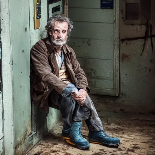 Prompt: A feral and dishevelled doctor in his natural habitat. He is in his forties and wearing a dirty worn out doctor\'s coat. 4K, National Geographic photograph