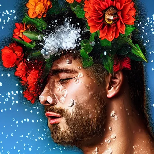 Image similar to man pouring water on head, flowers are in a pot on his head, the pot is part of his head, high detail, 8K digital art