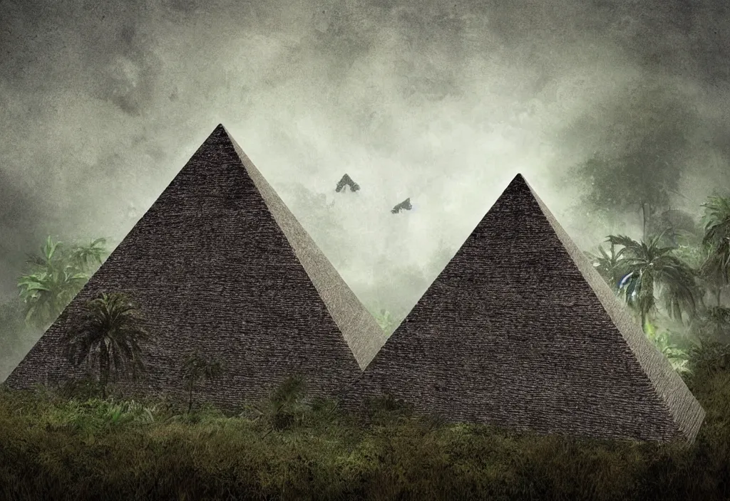 Image similar to a abandoned eerie pyramid in the jungle, dark, firefly, digital art,