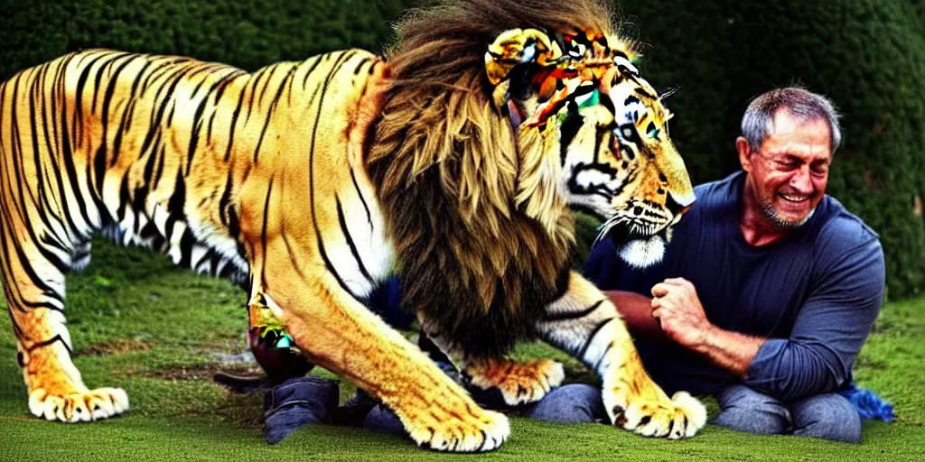 Prompt: a man with a lion, a man playing with a lion, there is a tiger in the background