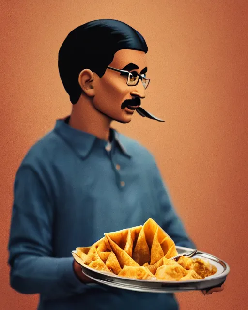 Image similar to a portrait of gandhi eating samosa whilst walking, highly detailed, trending on artstation, bokeh, 9 0 mm, f / 1. 4