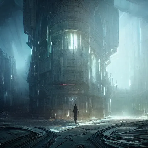 Prompt: abandoned sci-fi city volumetric mystical and dramatic realistic lighting, concept art, fantasy, matte painting, in the style of Greg Rutkowski and H.R. Giger and artemisia, highly detailed