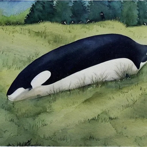 Prompt: an idyllic pastoral watercolor painting of an orca eating a seal