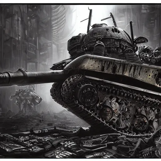 Prompt: a terrifying portrait of judge death as a sherman tank in a cyberpunk city by simon bisley, extremely hyperdetailed, extreme photorealism, eerie low lighting, disturbing evil atmosphere, mixed media illustration, masterpiece, horror, long fangs and claws, intricate, highly detailed, 8 k, artstation, concept art, smooth, sharp focus, full color