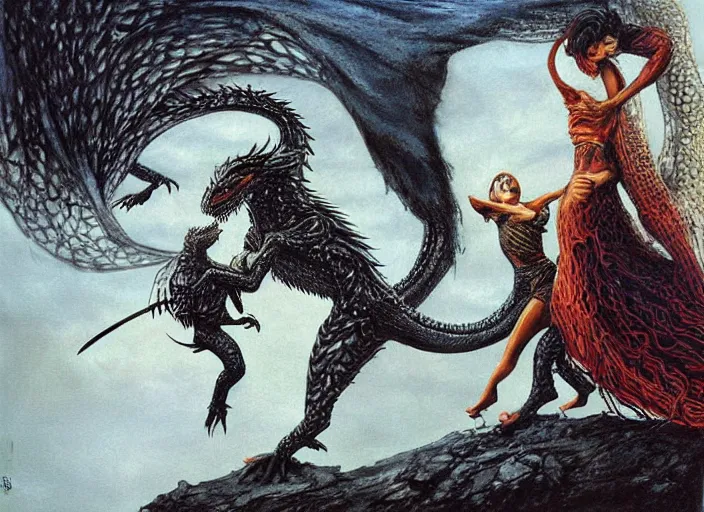 Prompt: intricate painting of salma hayek fighting a dragon by dariusz zawadski and alan lee and gris grimly, contemporary, creepy, acrylic