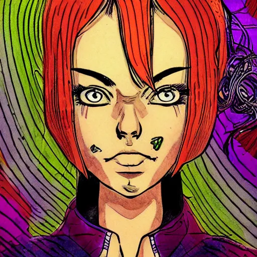 Prompt: pen, loosely cross hatched, ink, orange copic marker background, illustration of a scifi girls face, by Terada Katsuya, koji morimoto, tatsuyuki tanaka