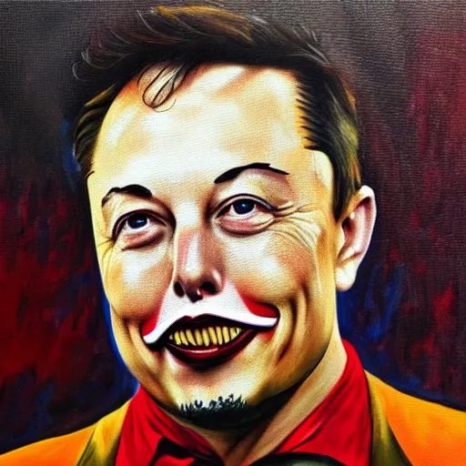 Image similar to oil canvas of elon musk as sad clown