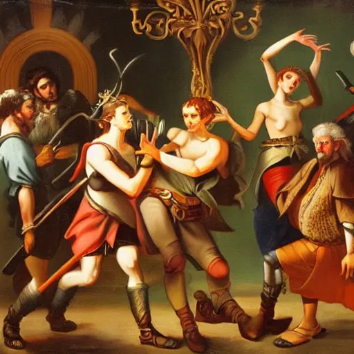 Image similar to baroque oil painting of an elven bar fight