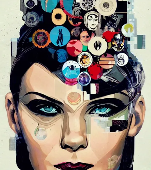 Prompt: collage portrait of a female android, by MARVEL comics and Sandra Chevrier