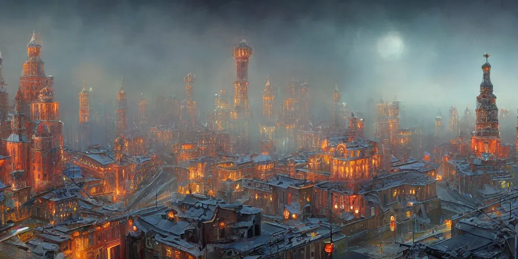 Prompt: A high detailed beautiful magical Soviet town, magic lights, magic mist, five-story panel buildings, oil painting, concept art, fantasy cityscape, Soviet constructivism, art by Ted Nasmith and James Gurney, high resolution, octane render, trending on artstation