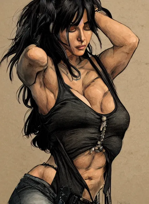 Image similar to a black haired woman in a tank top, muscular upper body, abs, d & d, fantasy, intricate, elegant, highly detailed, digital painting, artstation, concept art, smooth, sharp focus, illustration, art by howard chaykin