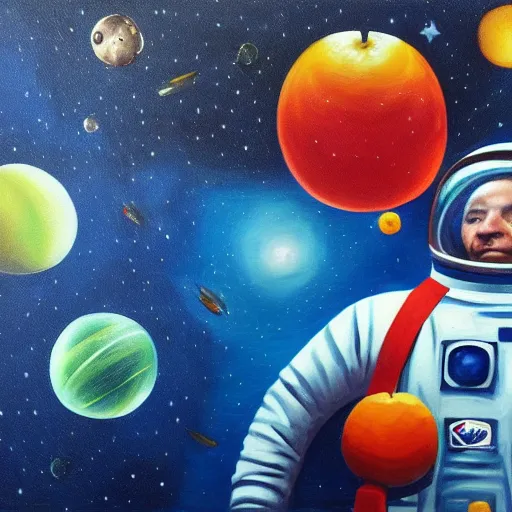 Image similar to an astronaut floating in space, fruits are floating around him, oil painting