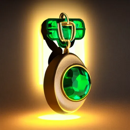 Prompt: shiny metallic amulet with a glowing emerald, highly detailed, concept art, beautiful, octane render, realistic, unreal engine, sharp focus