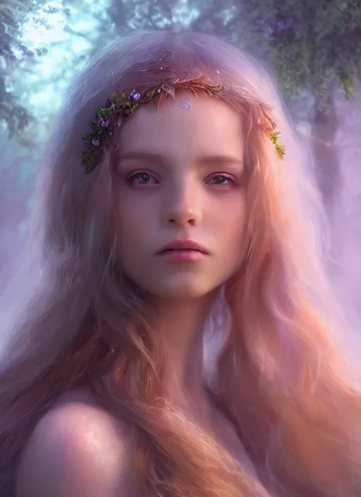 Prompt: portrait of a gorgeous fairy princess of the forest, soft iridescent skin, 8k render, ultra realistic, cinematic lighting, artstation, artgerm