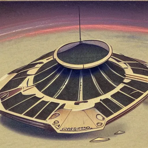 Prompt: vintage, detailed, colored sketch of ufo construction, all parts, with full descriptions, on parchment